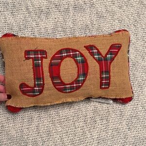 Festive Burlap Pillow with Plaid JOY Design